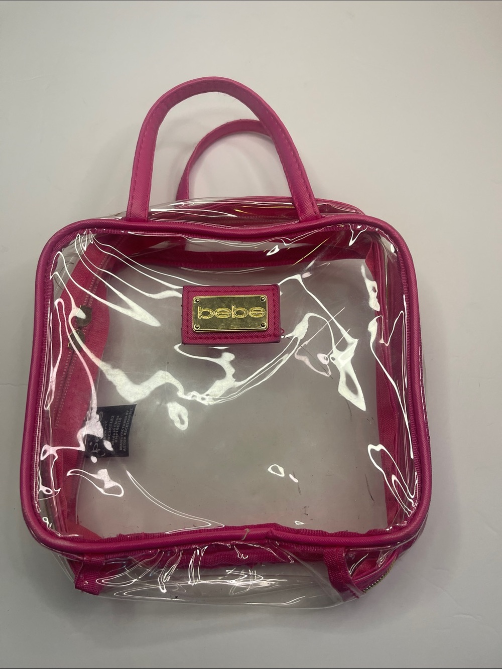 bebe Hot Pink Clear Cosmetic Tote with Gold Logo Plaque